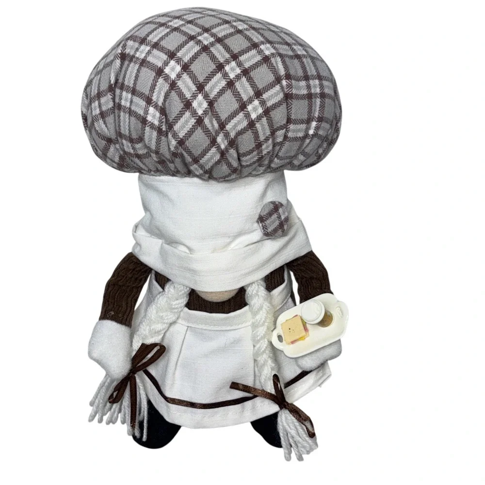 Plush Baker Gnome Snoopy Coffee Milk Tray Chef Hat Checkered  Whimsical 11 inch